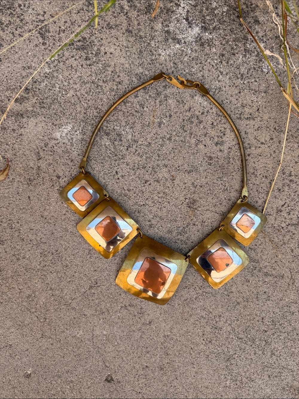 Vintage Geometric Brass and Copper Statement Necklace - Gold and Copper